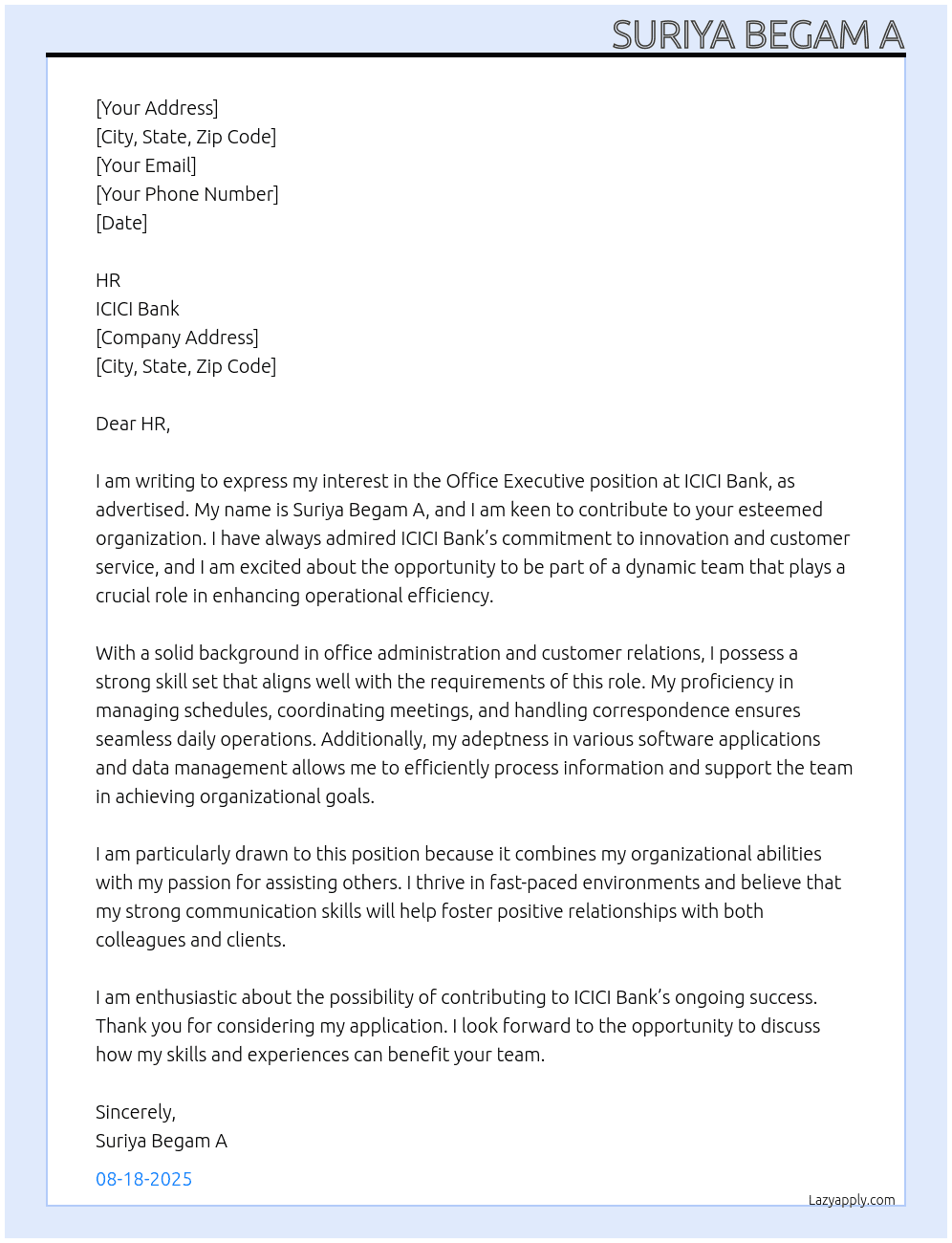 Office executive At ICICI BANK Cover Letter