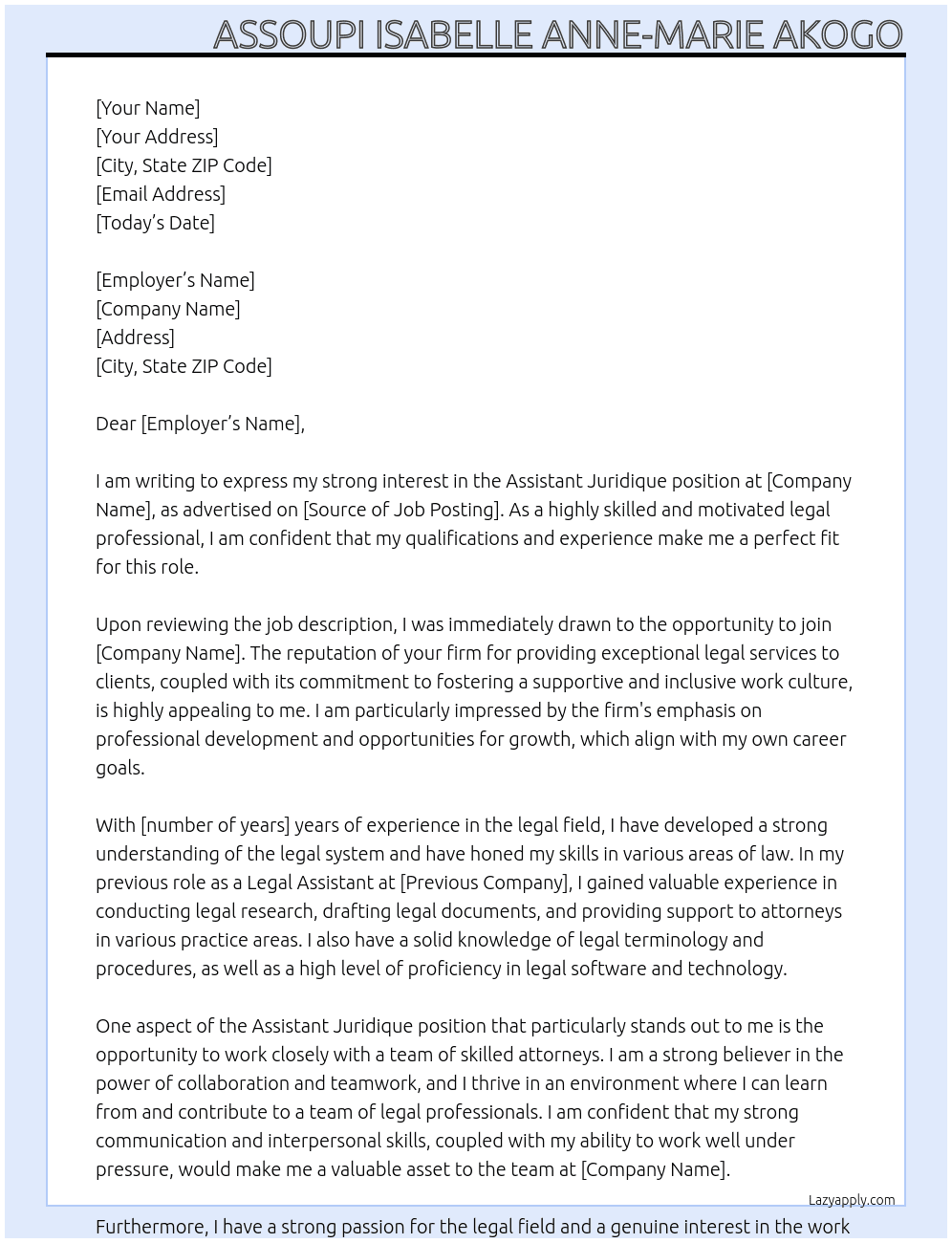 assistant juridique  At Assoupi Isabelle Anne-Marie AKOGO Cover Letter