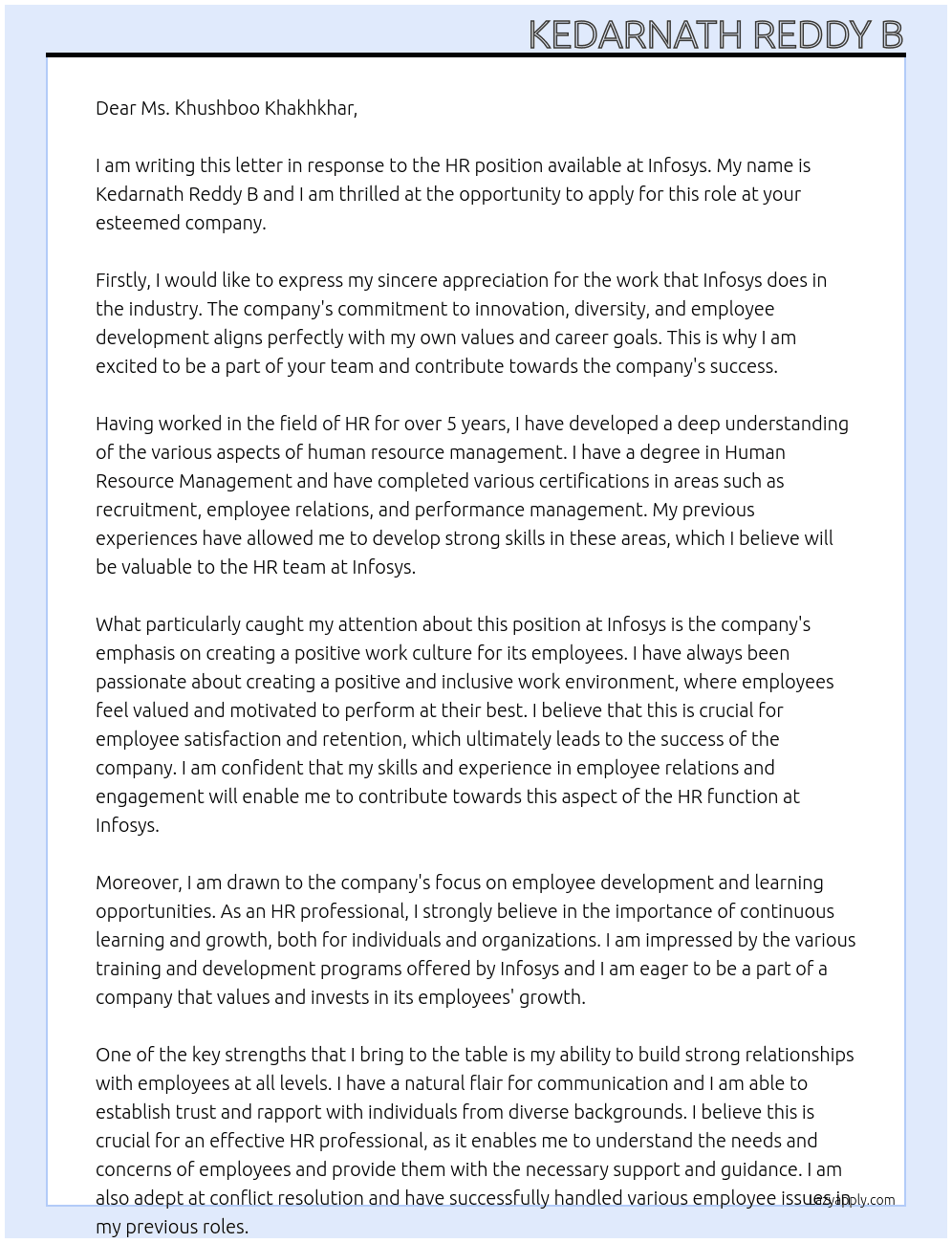 HR At Infosys Cover Letter