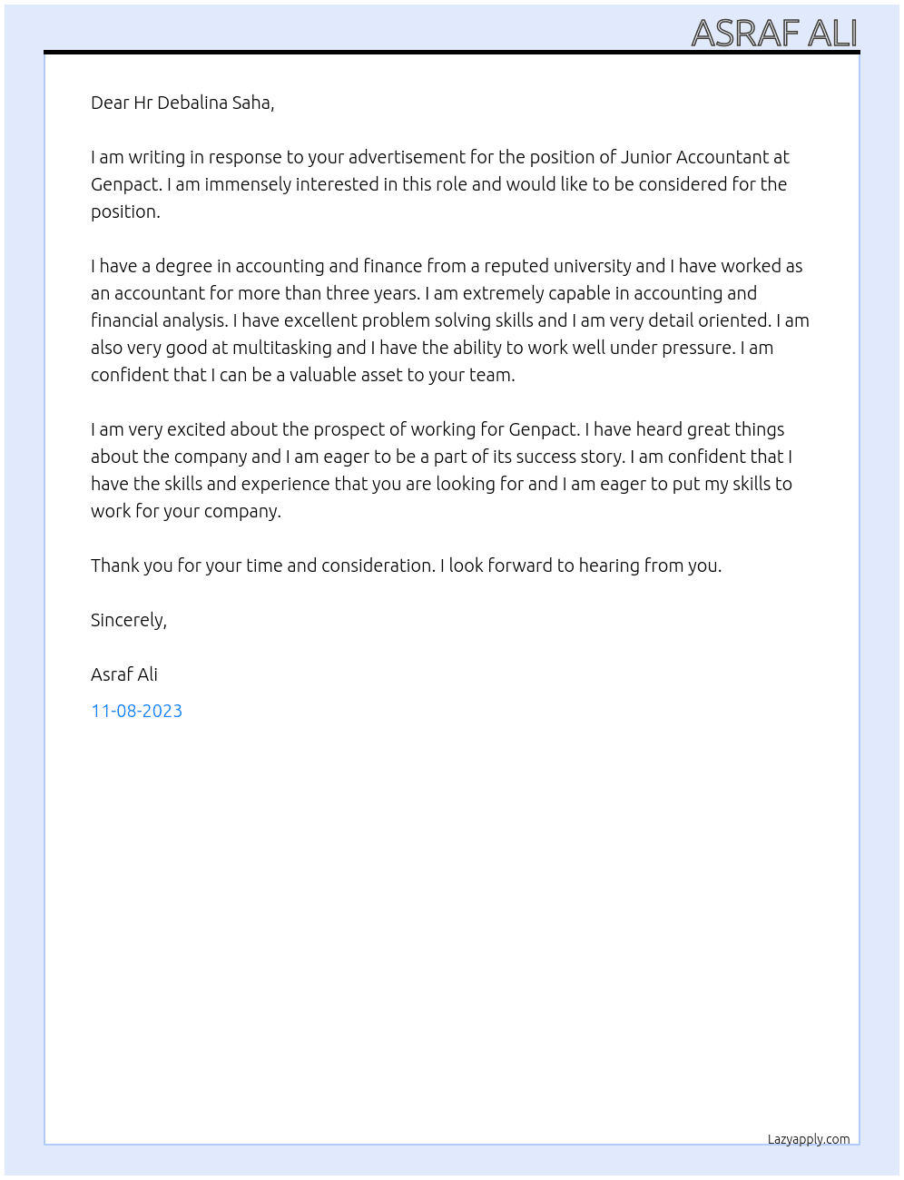 Junior Accountant  At Genpact Cover Letter