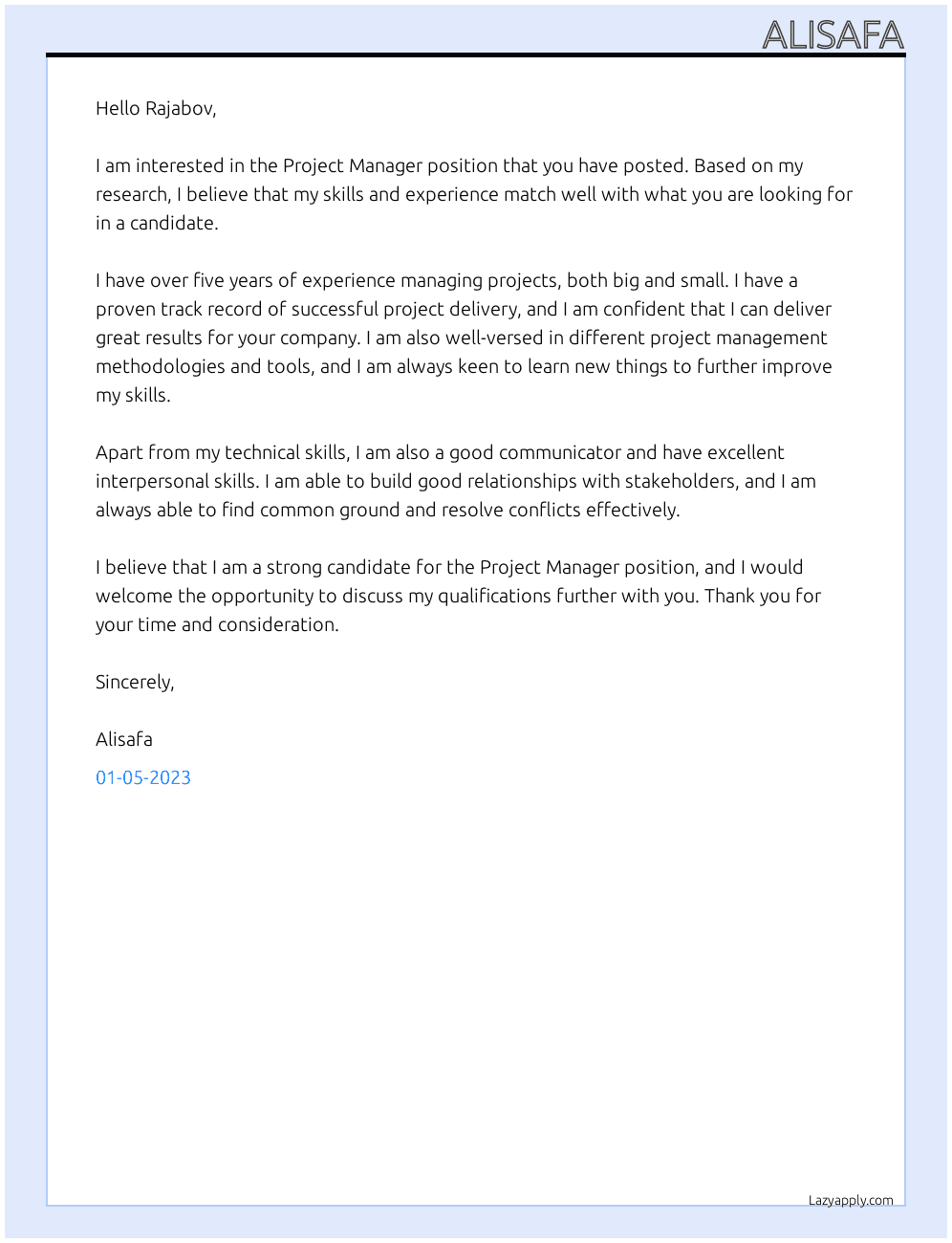 project manager At Rajabov Cover Letter