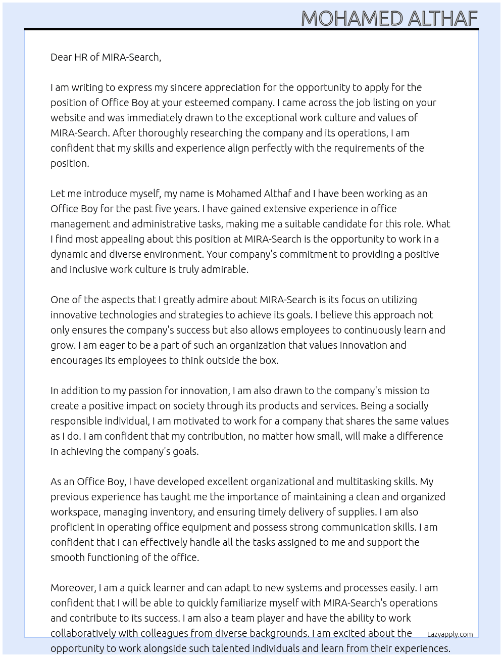 Office Boy At  MIRA- Search Cover Letter