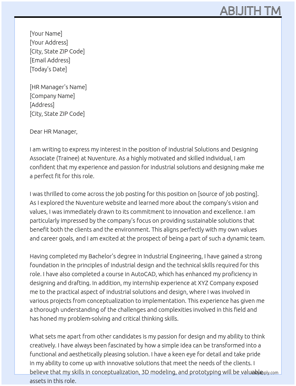 Industrial Solutions and Designing Associate (Trainee) At Nuventure Cover Letter