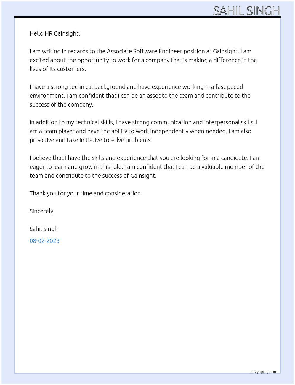 Associate Software engineer At Gainsight Cover Letter
