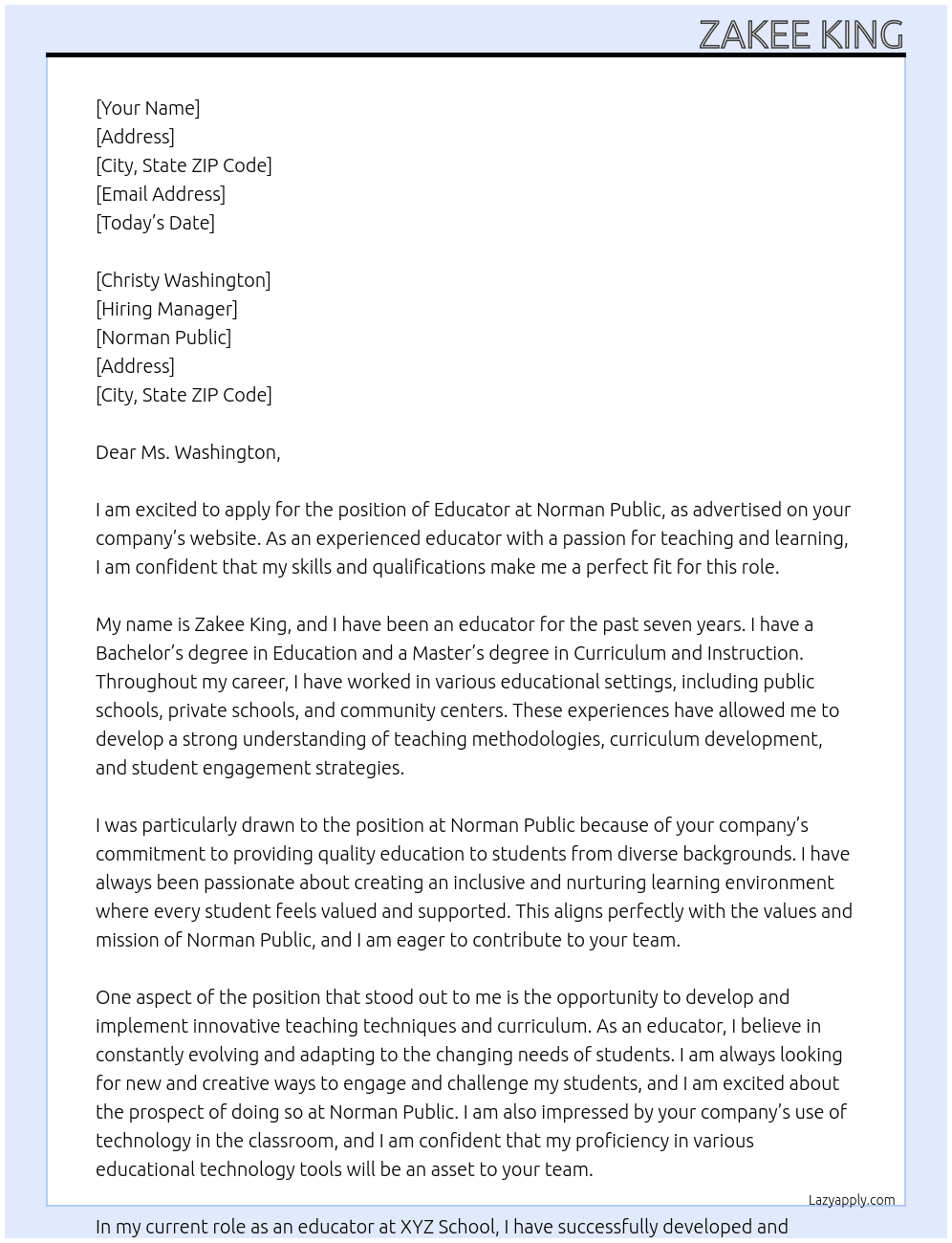 Educator At Norman Public Cover Letter