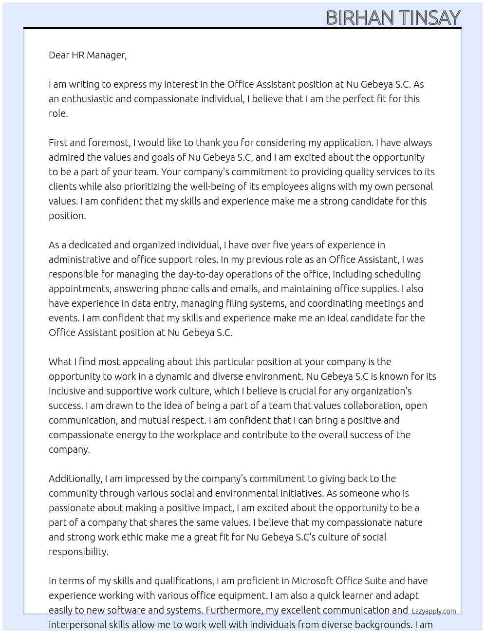 Office assistant  At Nu Gebeya S.C Cover Letter