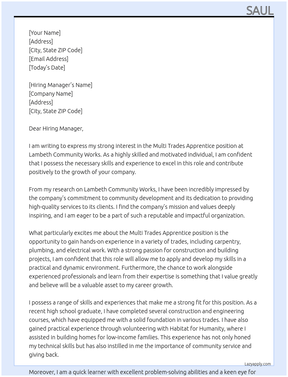 Multi trades Apprentice At Lambeth Community Works Cover Letter