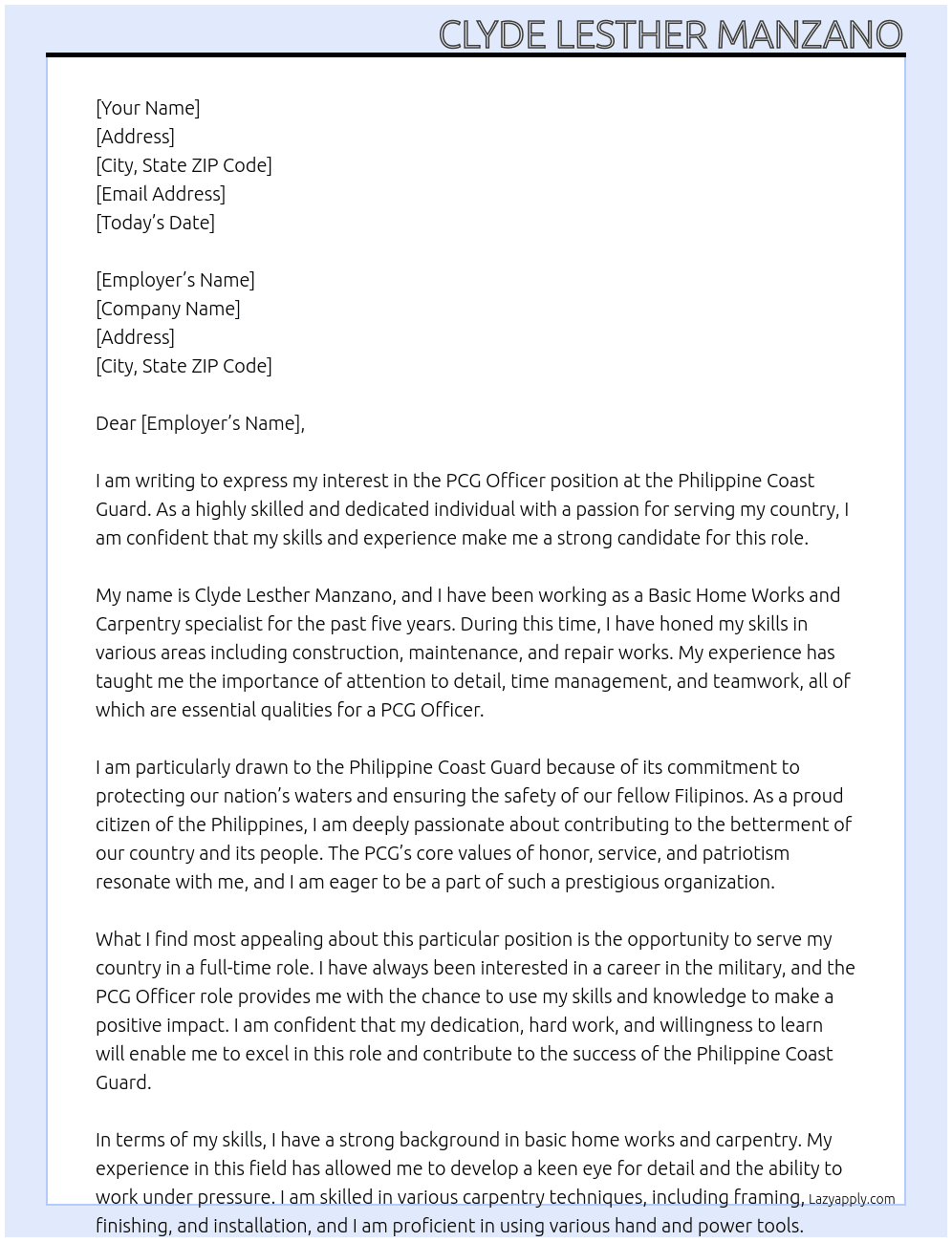PCG officer  At Philippine Coast guard Cover Letter