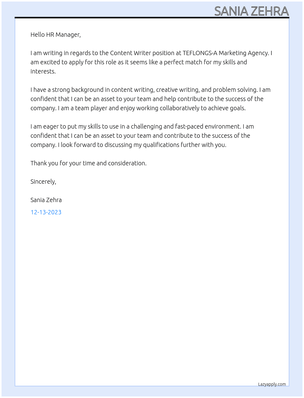 Content Writer At TEFLONGS-A Marketing Agency Cover Letter