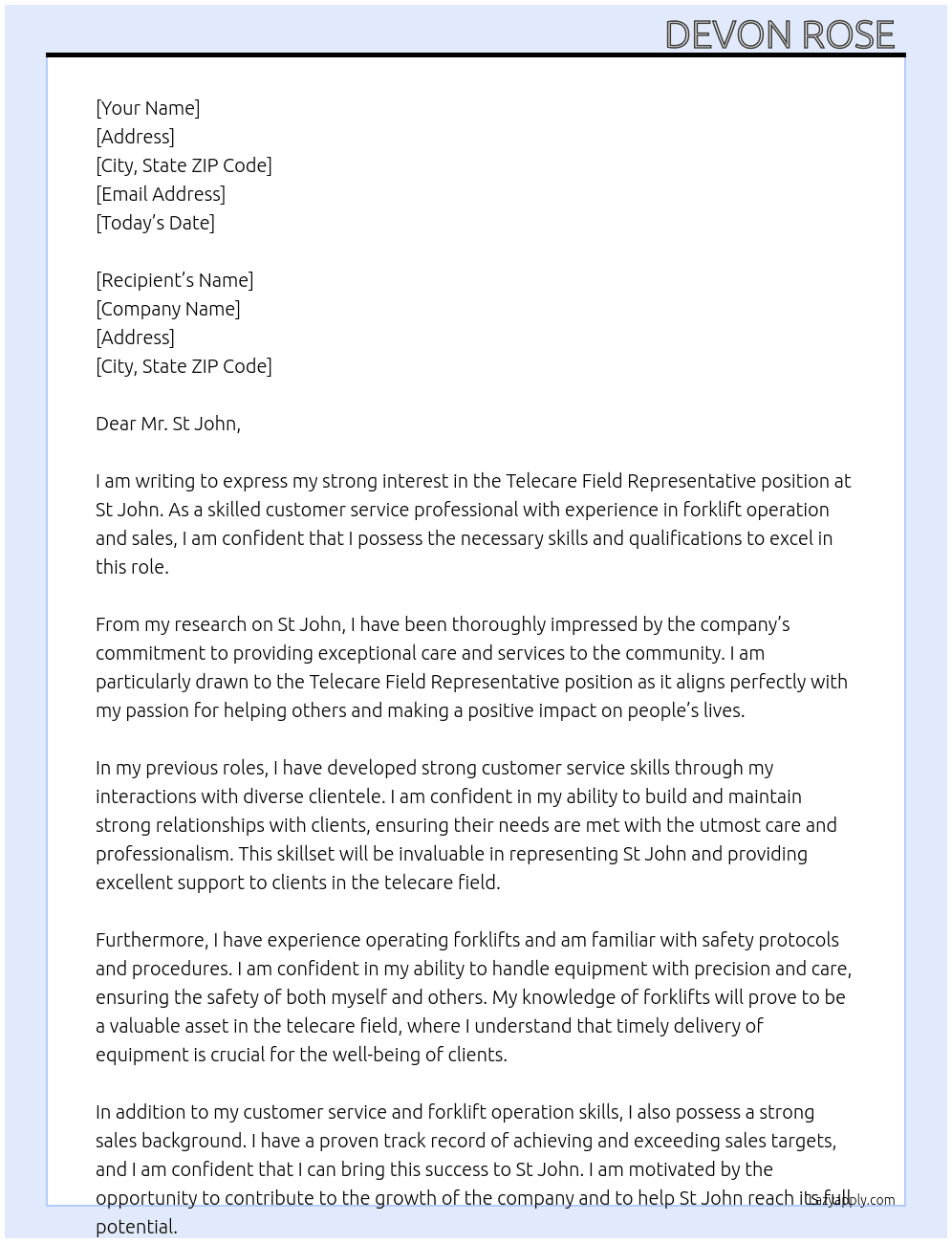 telecare field representative  At st john  Cover Letter