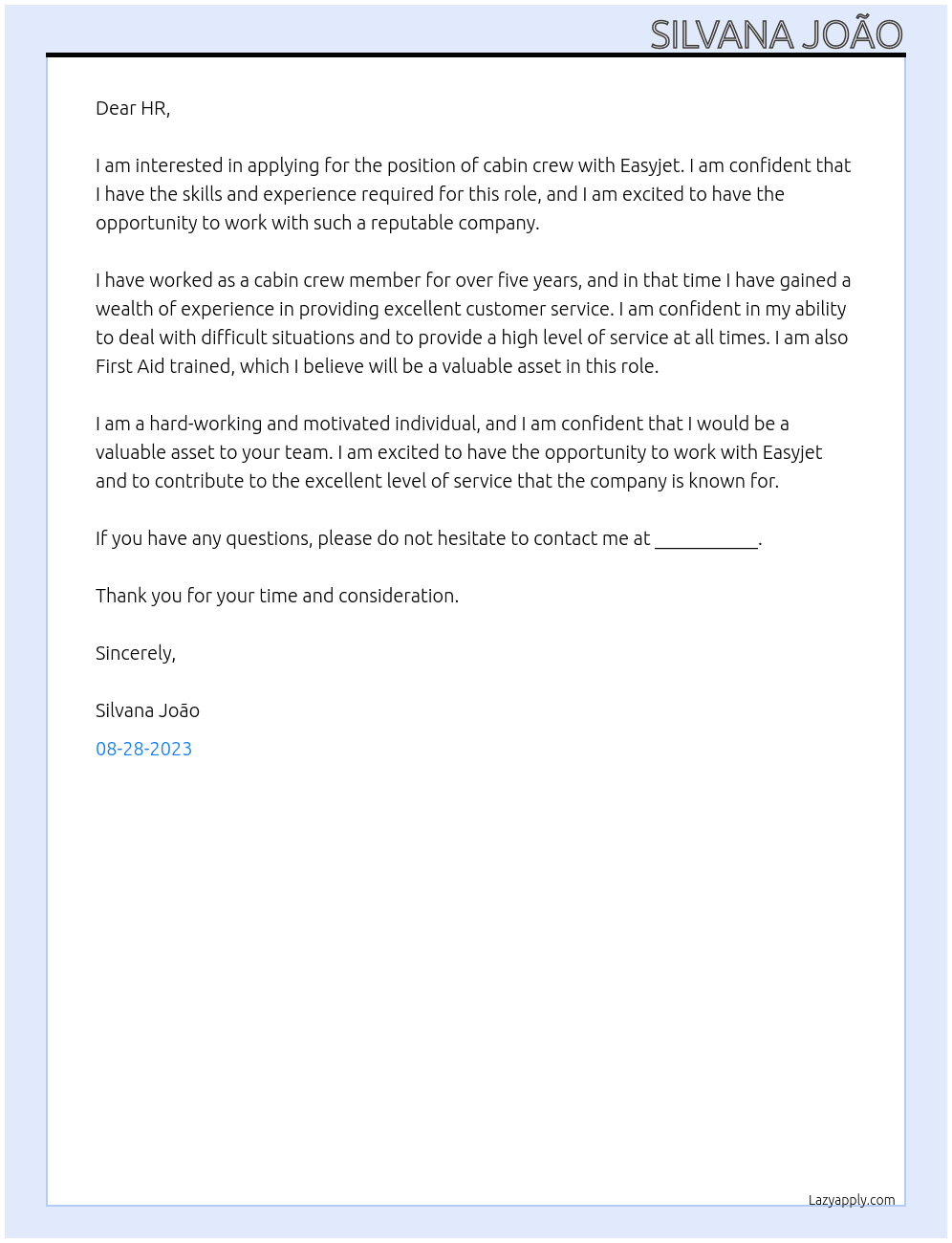 Cabin crew At Easyjet Cover Letter
