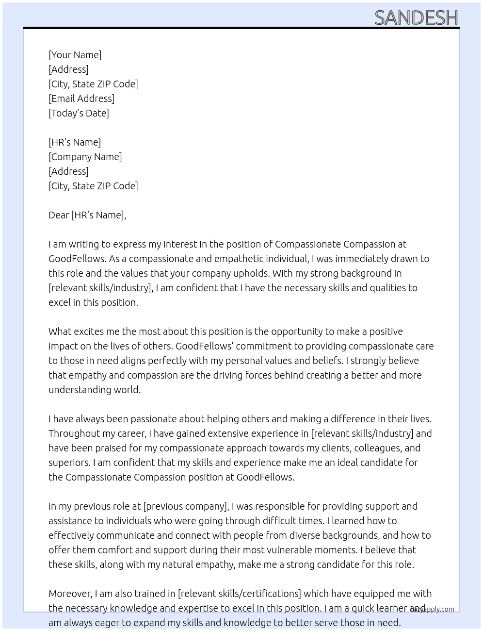 Compassionate compassion At GoodFellows Cover Letter