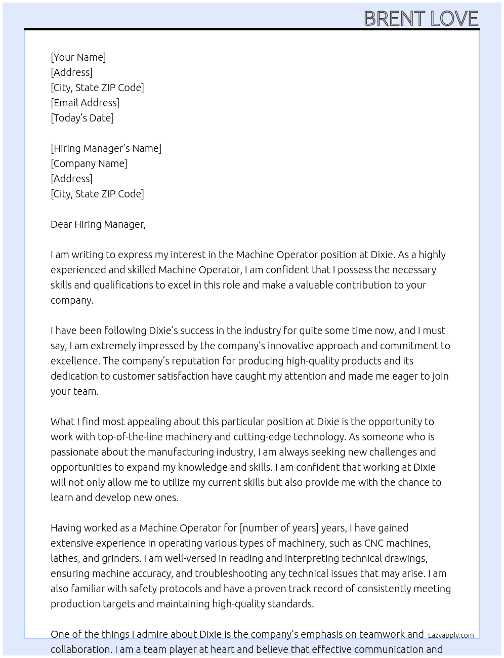 Machine Operator At Dixie Cover Letter