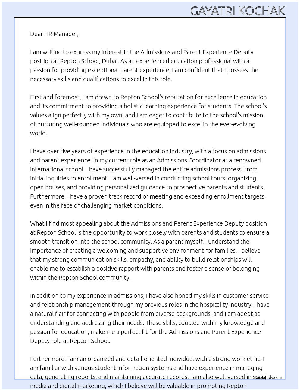 Admissions and Parent Experience Deputy At Repton School, Dubai Cover Letter