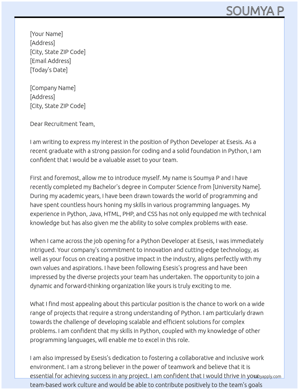 python developer as a fresher At esesis Cover Letter