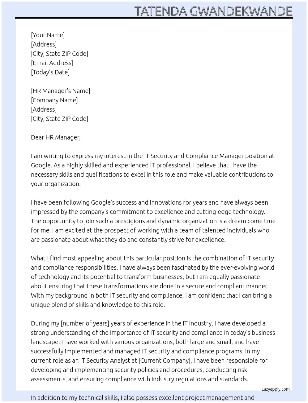 IT Security and Compliance Manager At googlw  Cover Letter