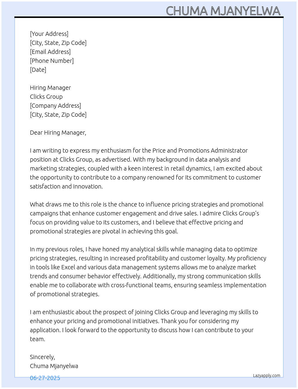 price and promotions administrator  At Clicks Group  Cover Letter