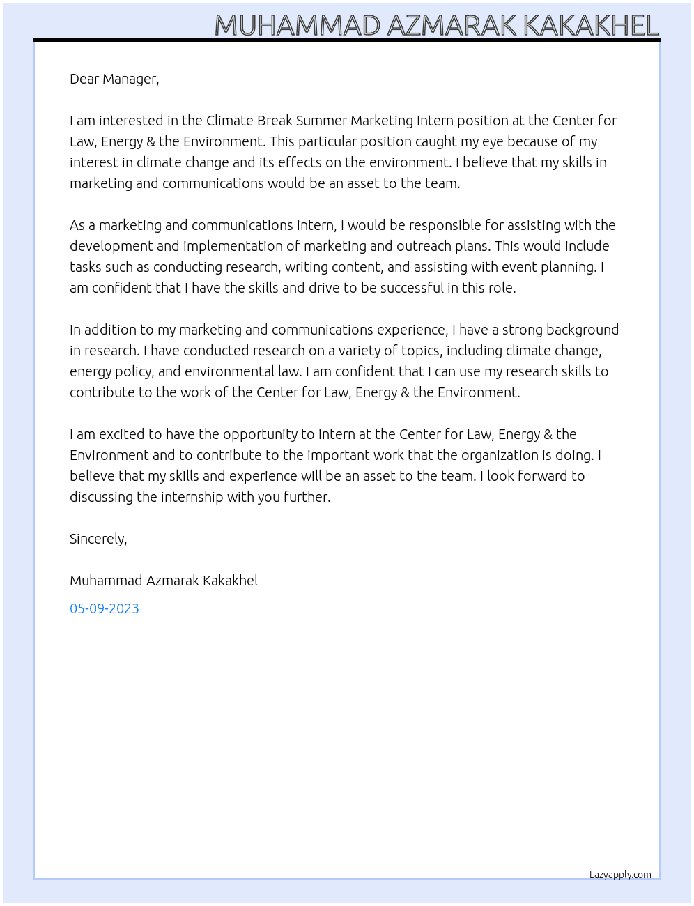 Climate Break Summer Marketing Intern At Center for Law, Energy & the Environment  Cover Letter