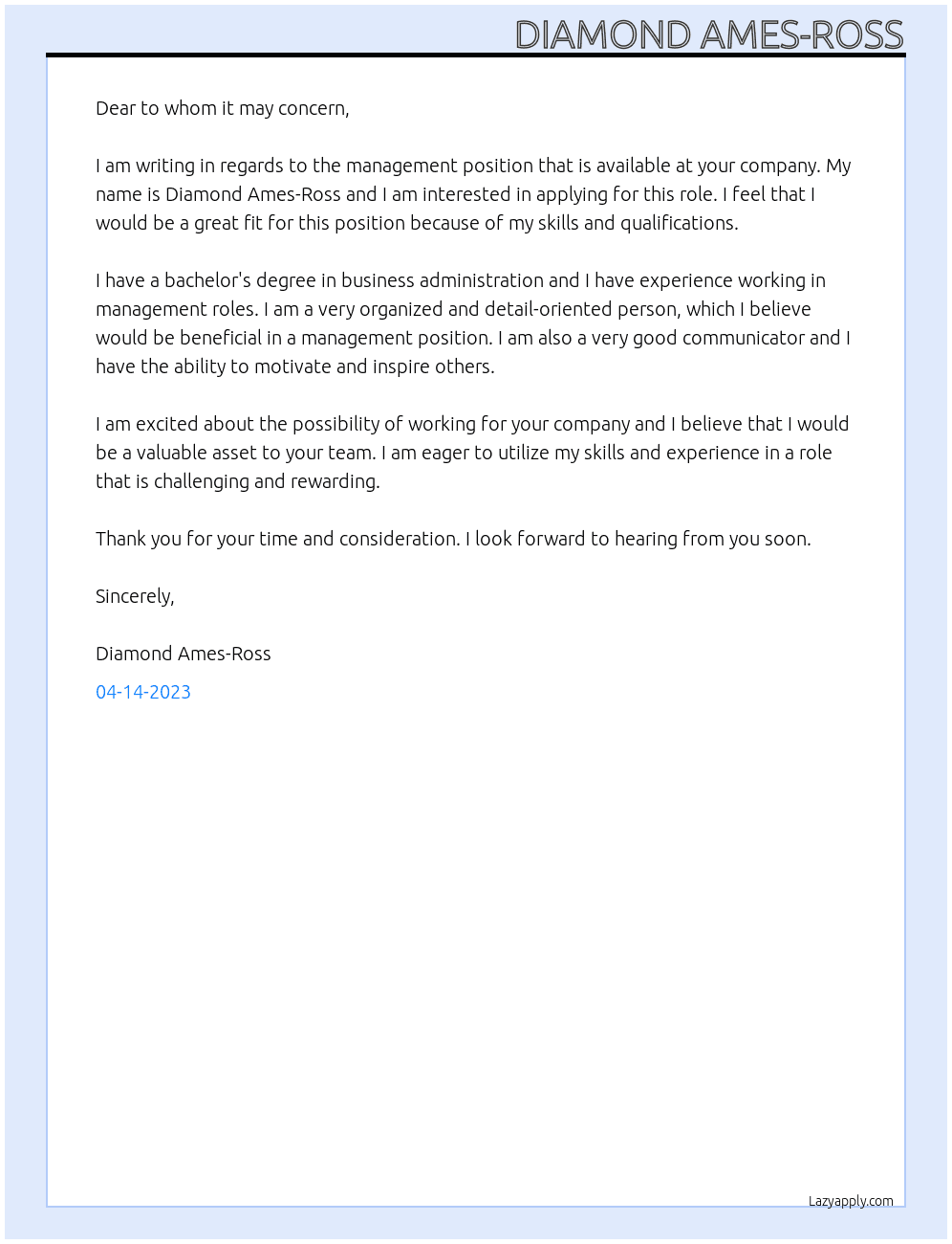 Management At Any company Cover Letter