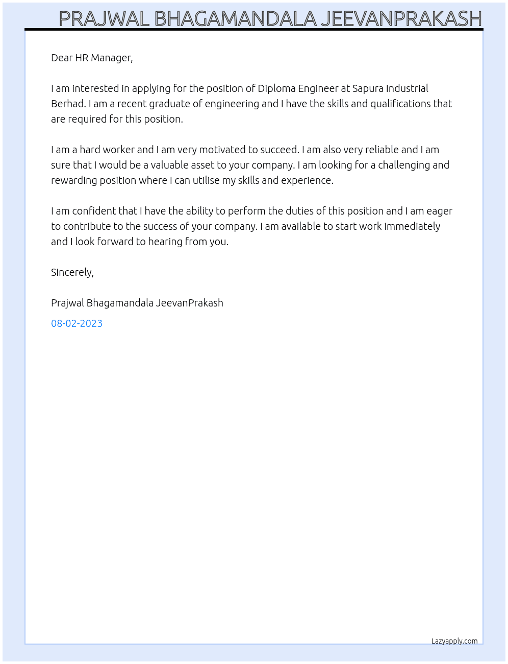 Diploma engineer  At Sapura Industrial Berhad Cover Letter