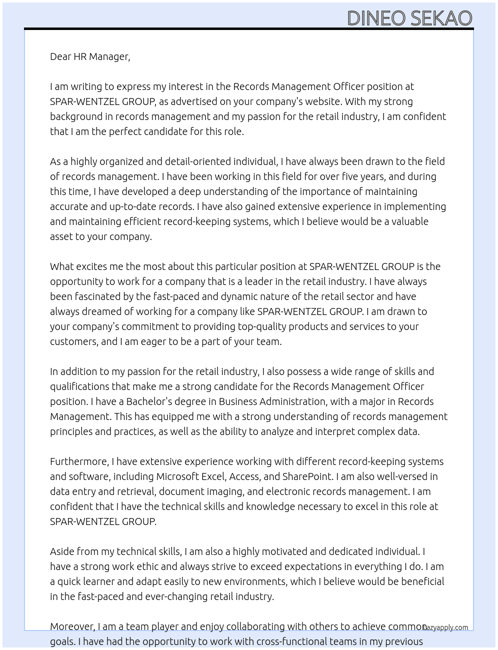 Records Management Officer At SPAR-WENTZEL GROUP Cover Letter