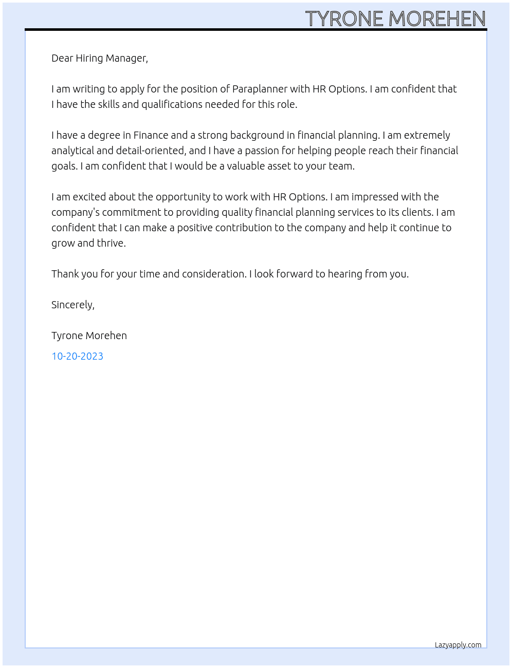 Paraplanner  At HR Options  Cover Letter