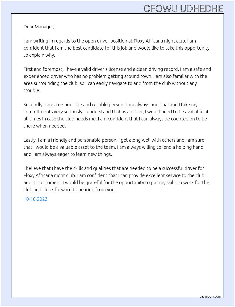 Driver At Floxy Africana night club  Cover Letter