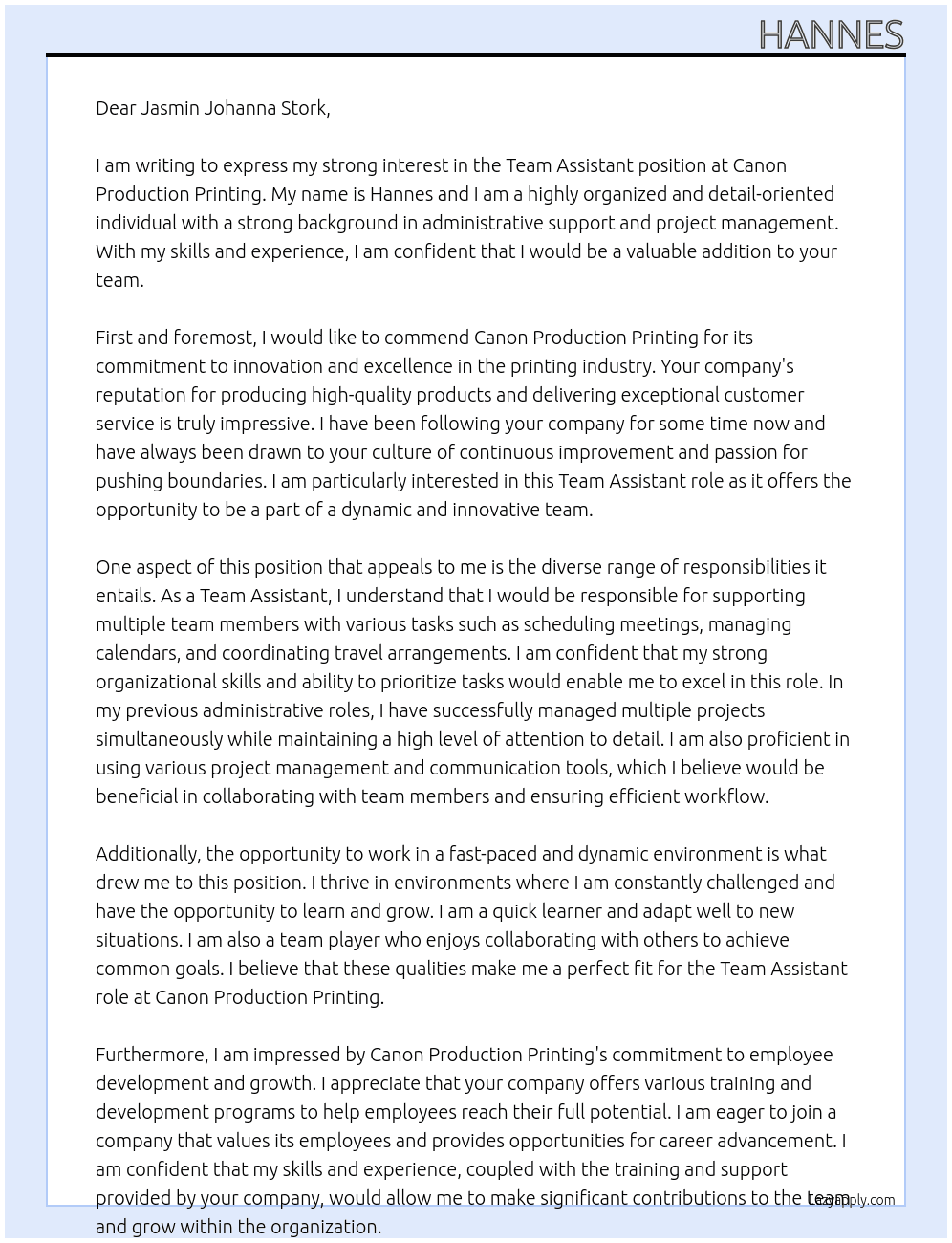 Team Assistant At Canon Production Printing Cover Letter