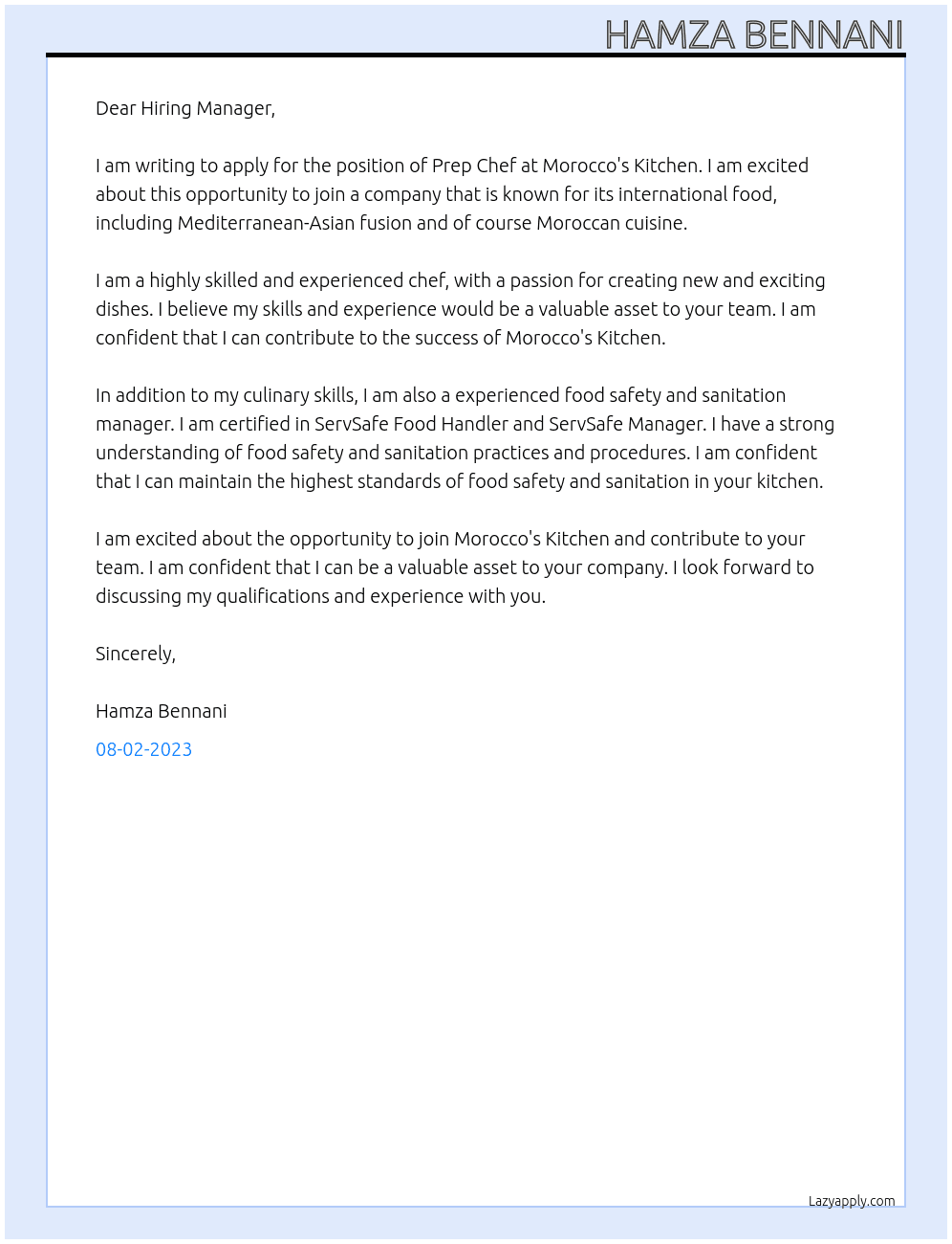 prep chef At Morocco's Kitchen Cover Letter