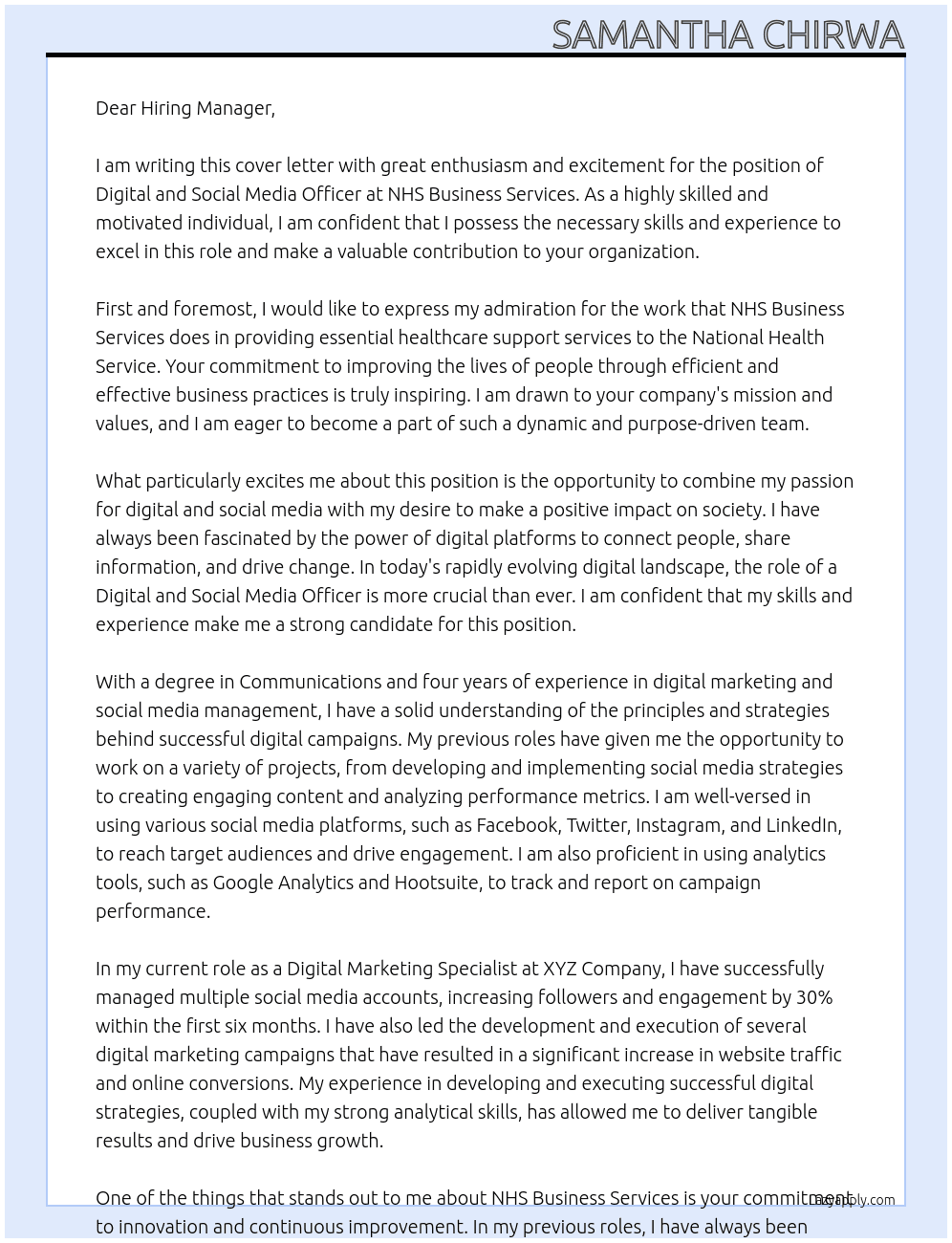 Digital and Social Media Officer  At NHS Business Services  Cover Letter
