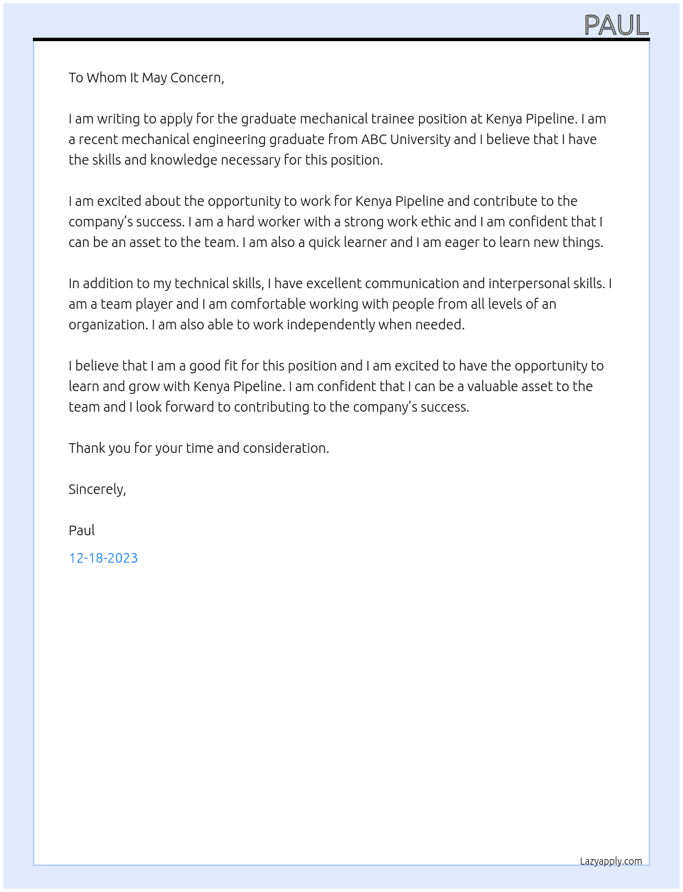 graduate mechanical trainee At kenya pipeline Cover Letter