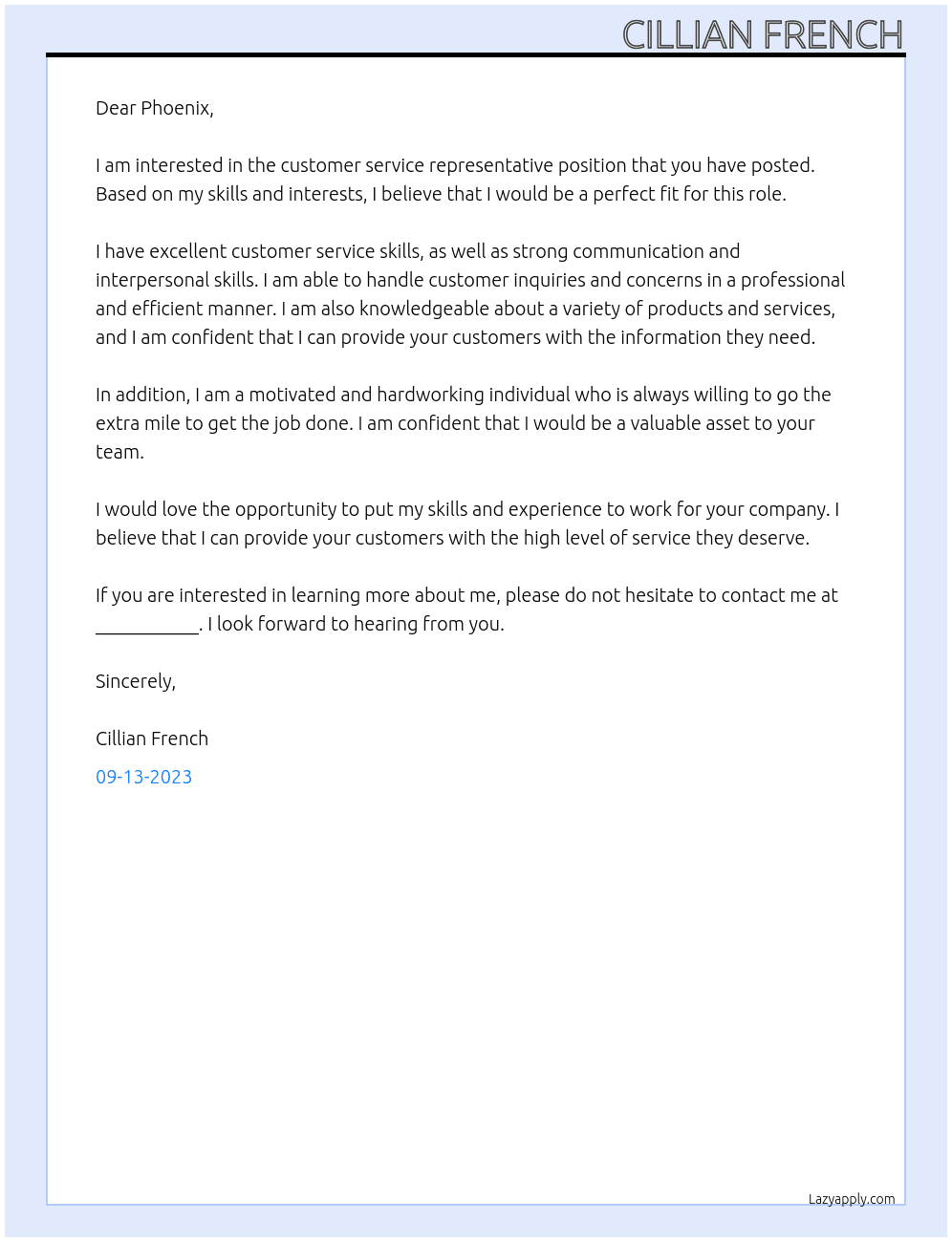 Customer Service Representative At Phoenix Cover Letter
