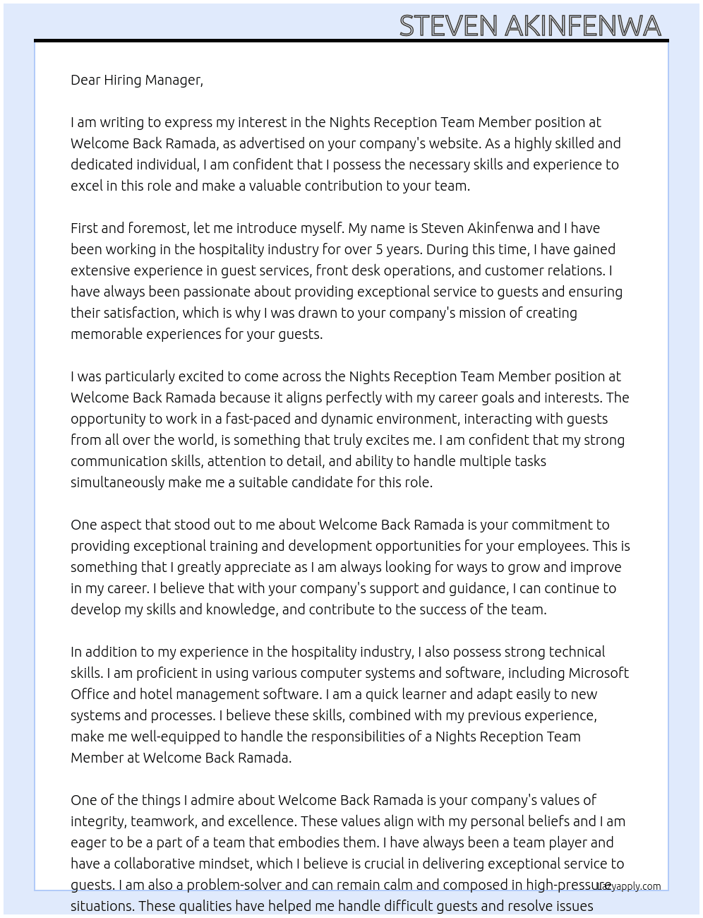 Nights Reception Team Member At Welcome Back Ramada Cover Letter