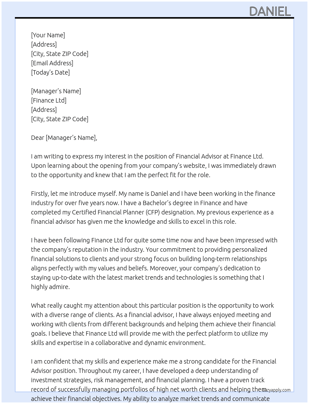 Financial advisor At Finance ltd Cover Letter