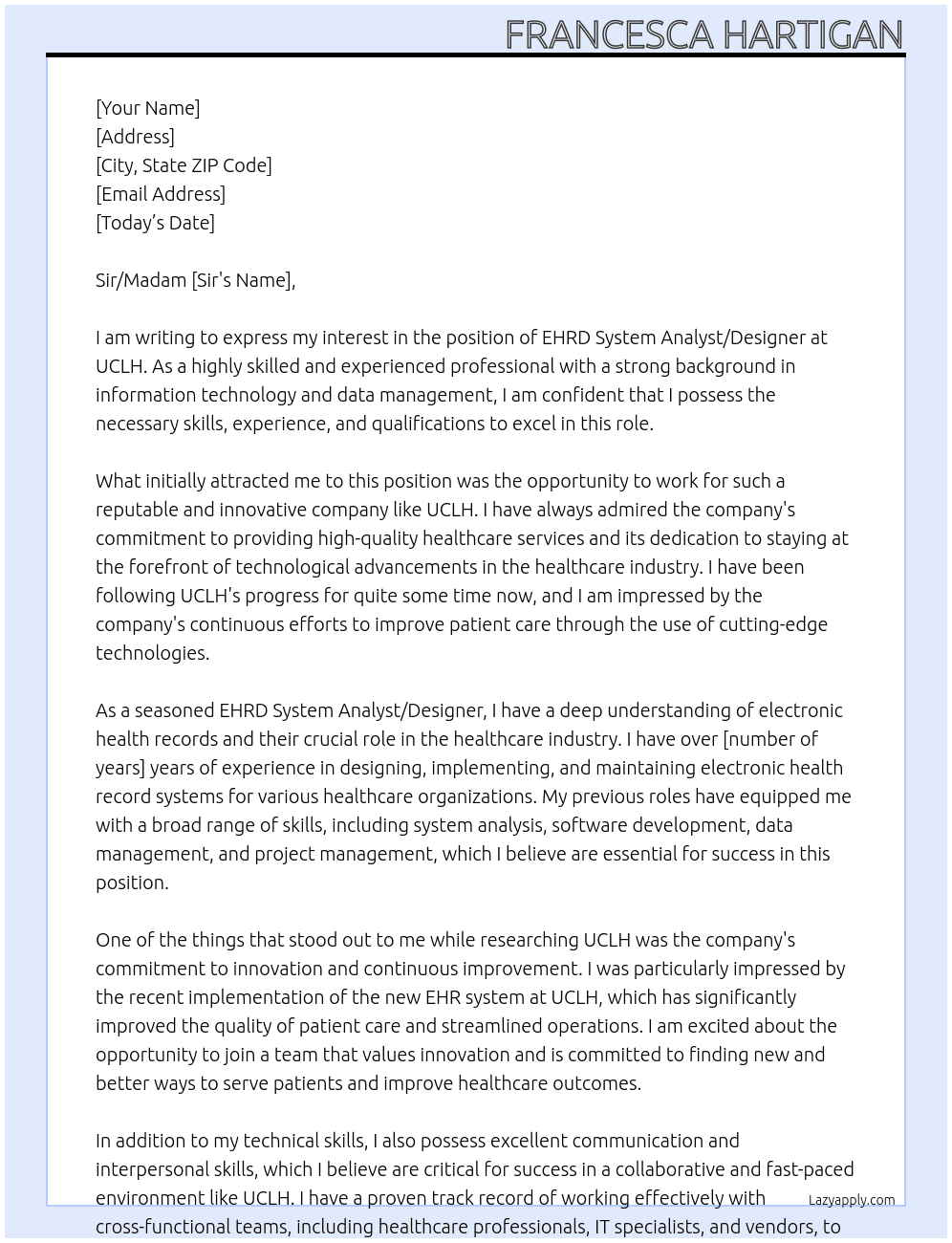 EHRD System analyst/ designer  At UCLH  Cover Letter