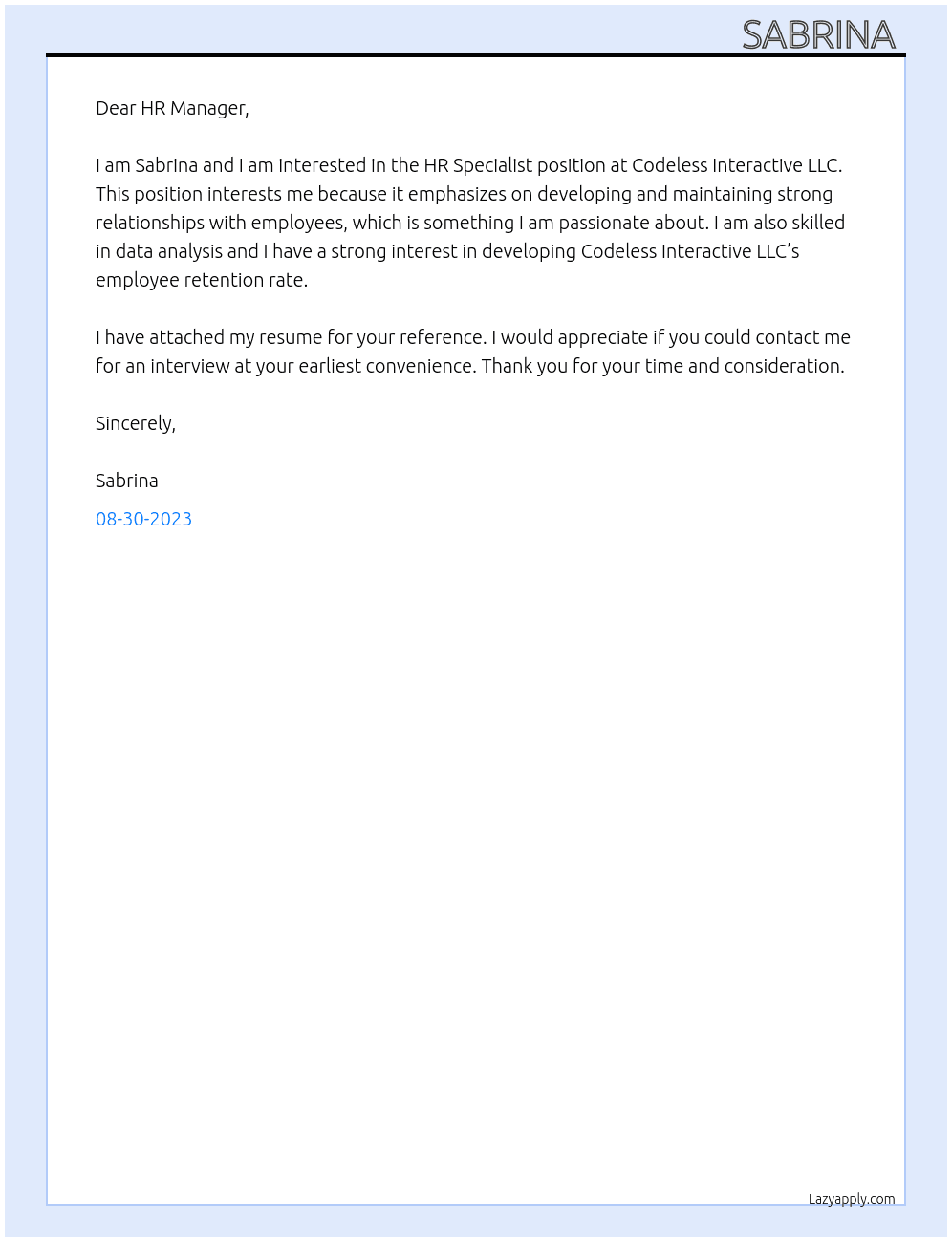 HR Specialist At Codeless Interactive LLC Cover Letter