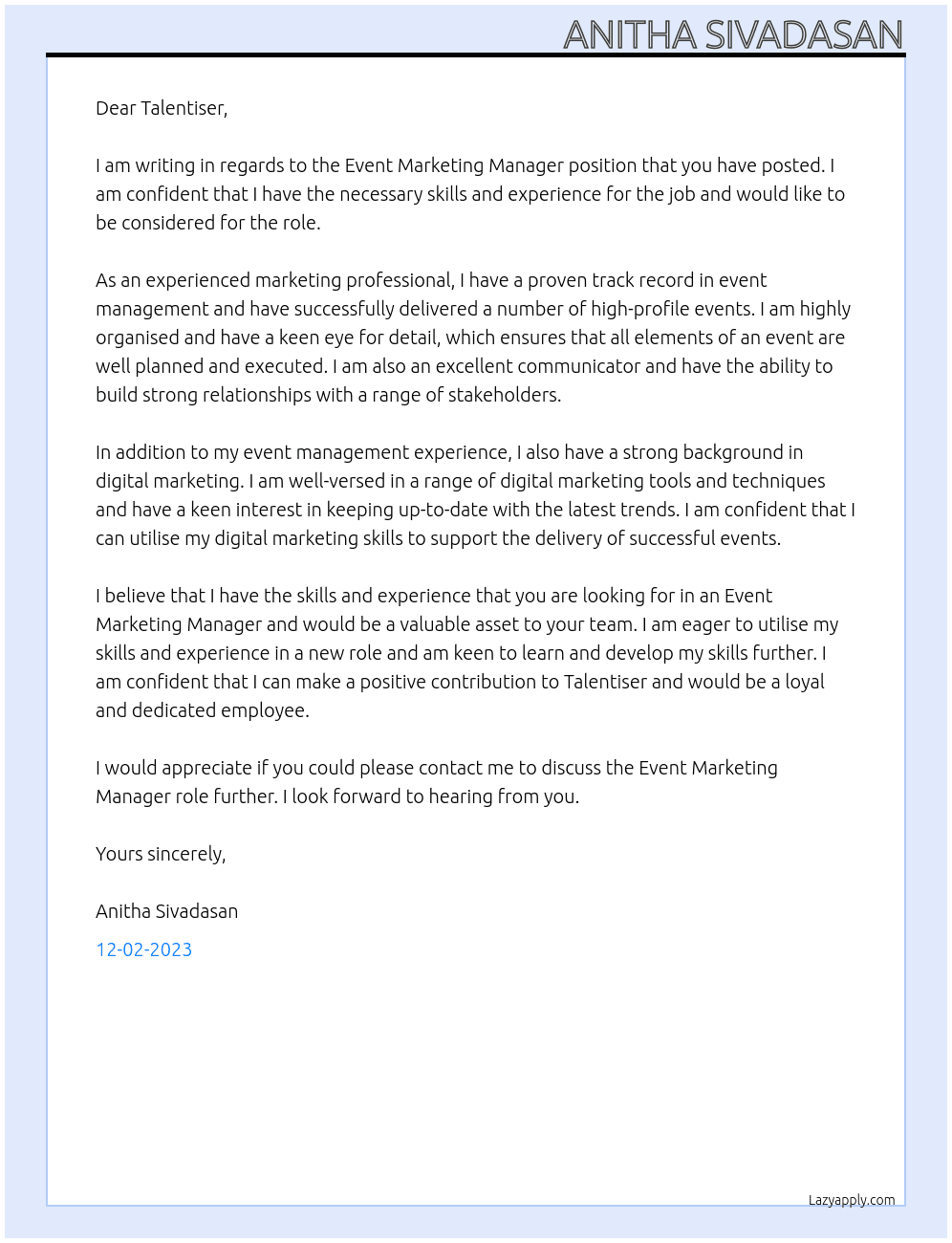 Event Marketing Manager At Talentiser Cover Letter