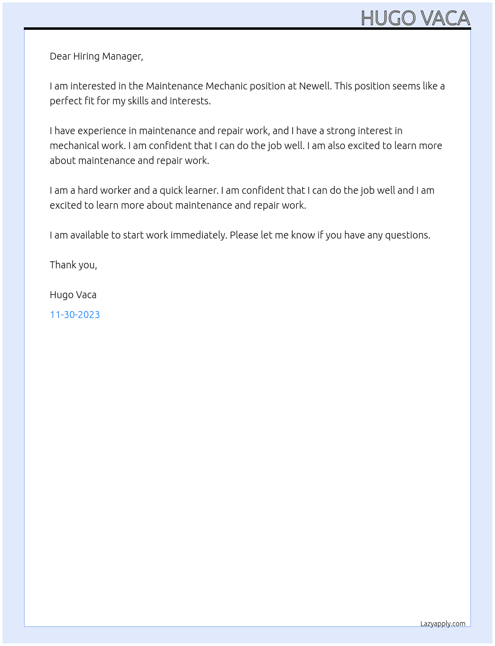 Maintenance Mechanic  At Newell  Cover Letter