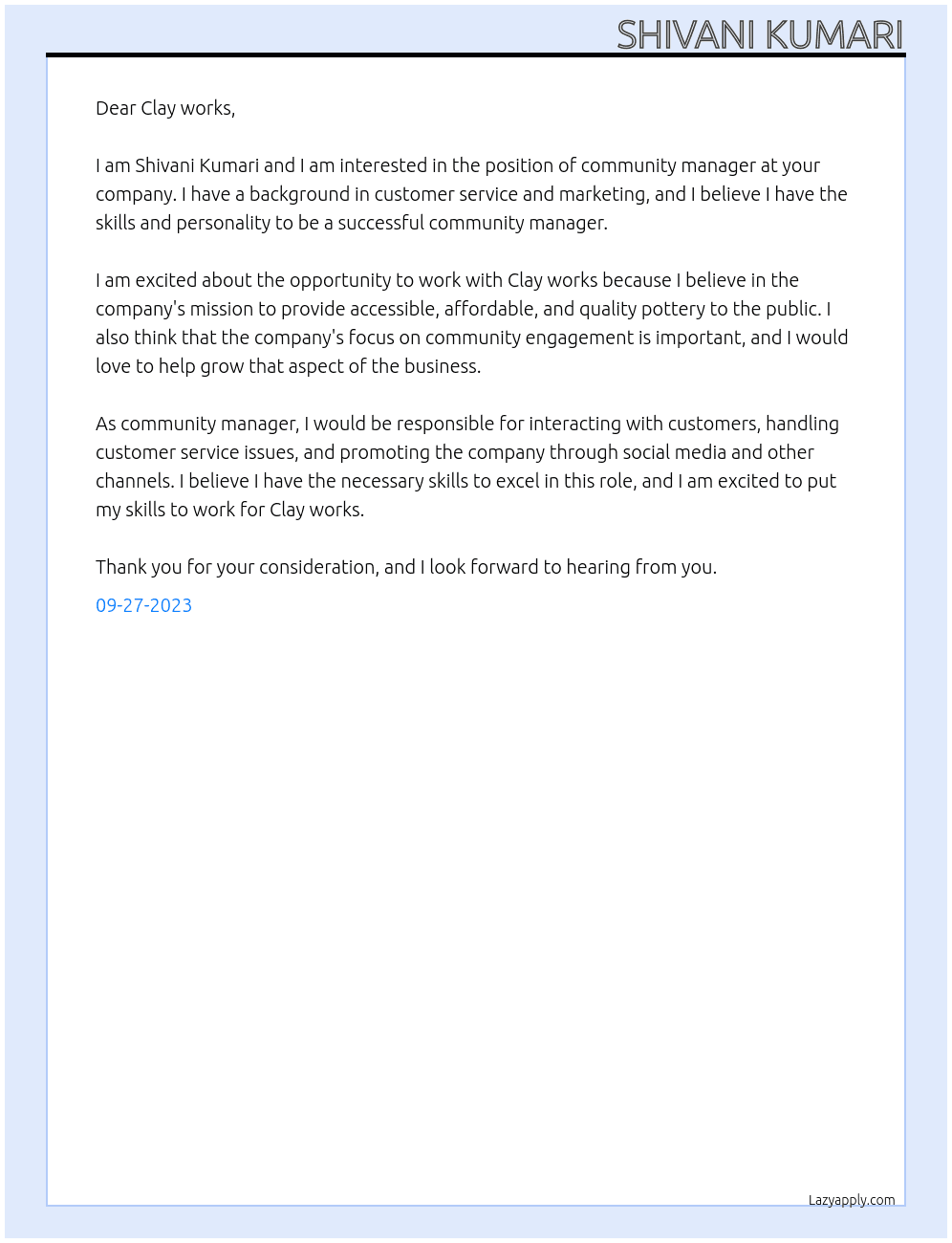 community manager At Clay works Cover Letter