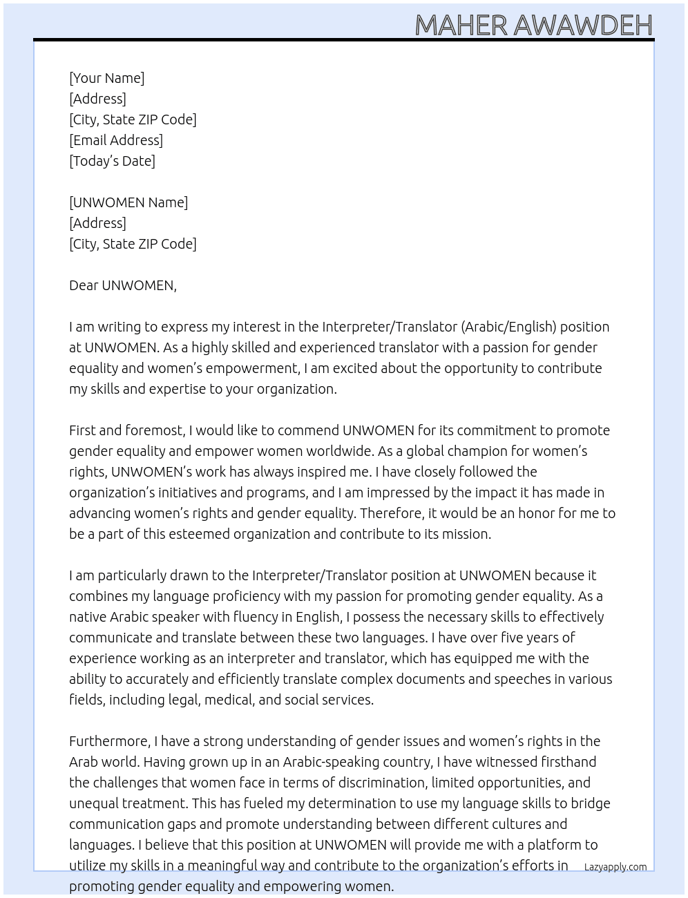 Interpreter/Translator (Arabic/English) At UNWOMEN  Cover Letter