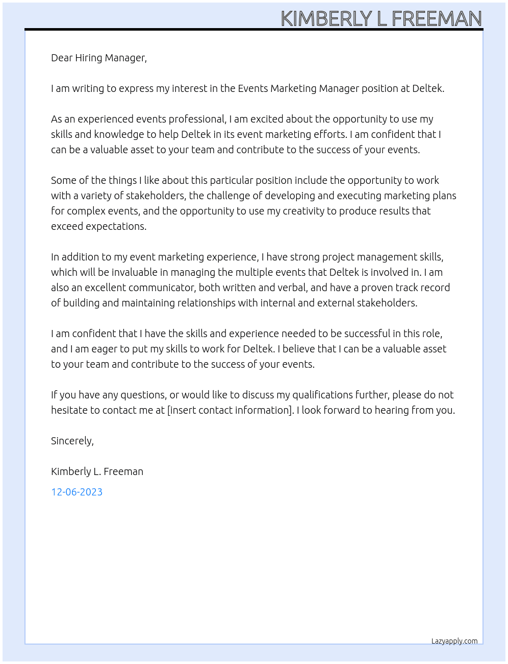 Events Marketing Manager At Deltek Cover Letter