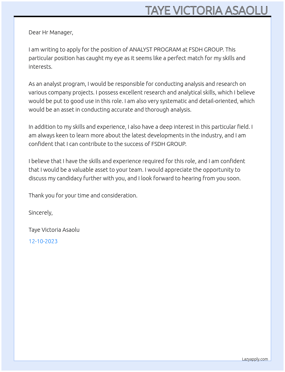 ANALYST PROGRAM At FSDH GROUP Cover Letter
