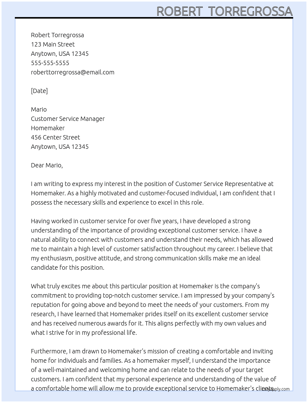 customer service At homemaker Cover Letter