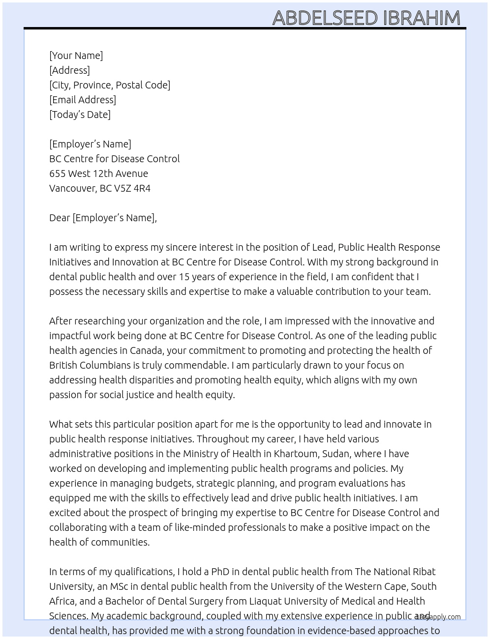 Lead, Public Health Response Initiatives and Innovation  At Provincial Health Services Suth8 Cover Letter