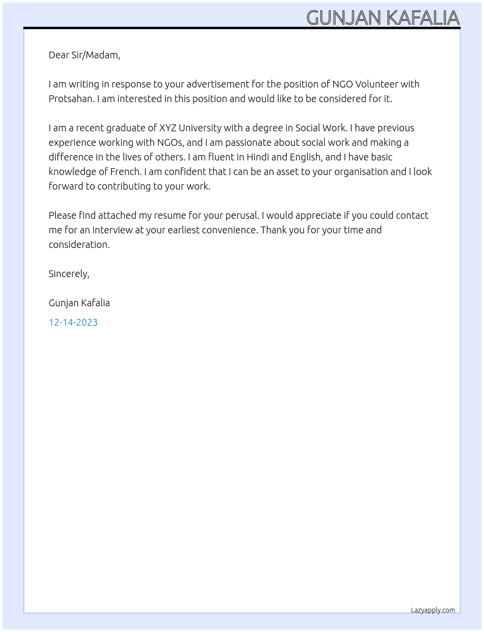 ngo volunteer At protsahan Cover Letter
