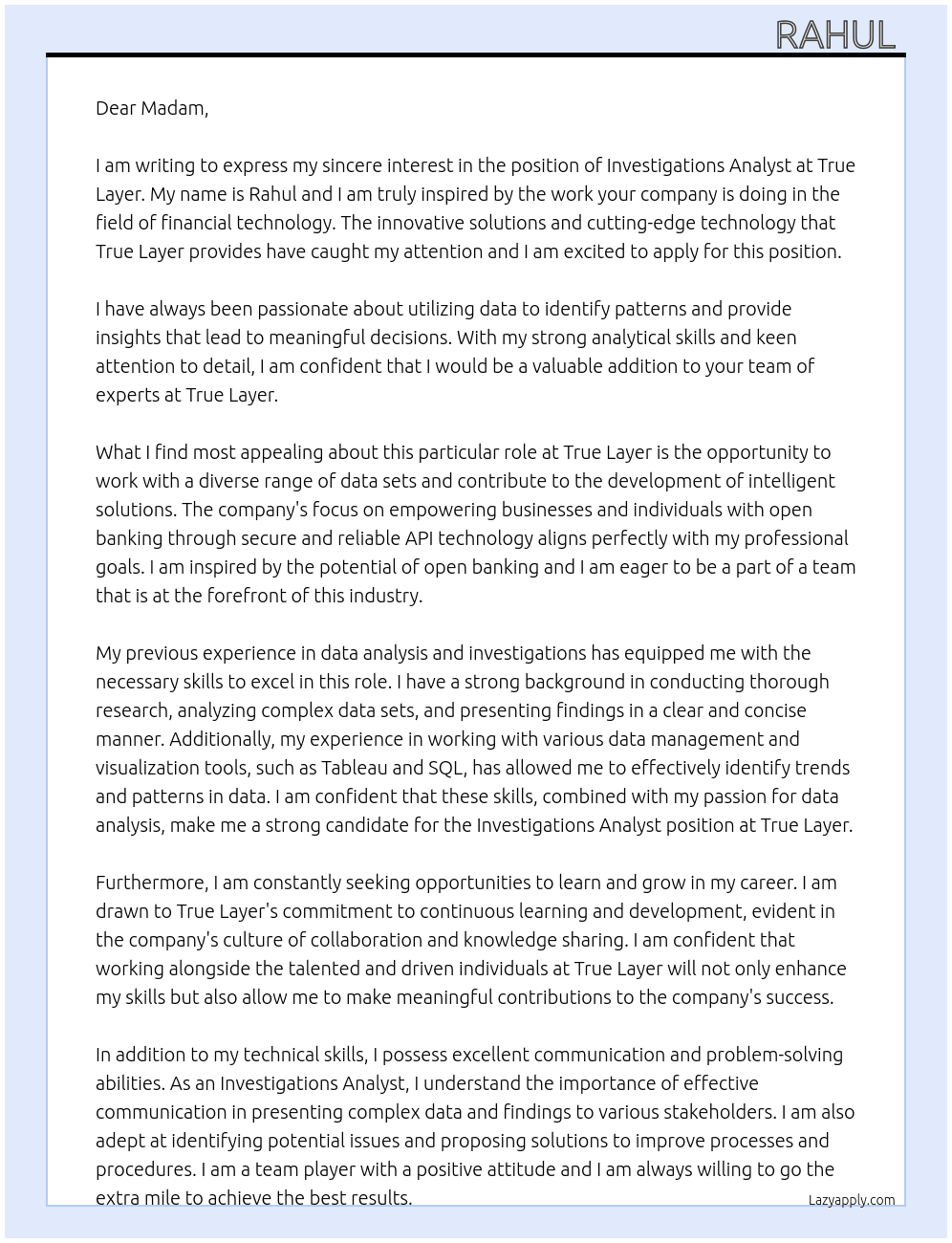 Investigations Analyst At True Layer  Cover Letter