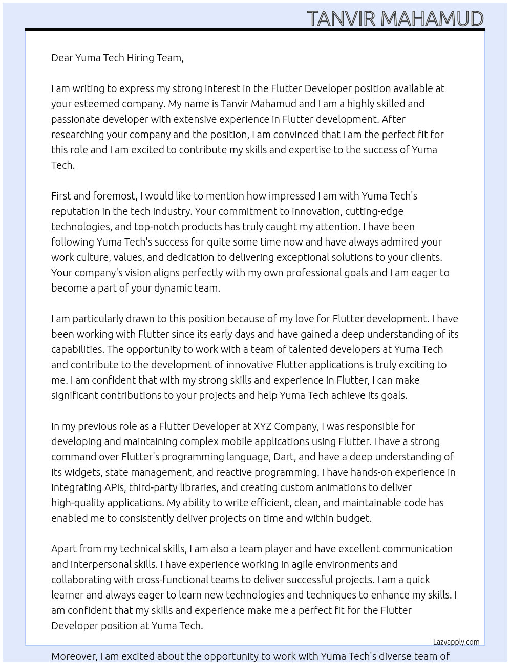 Flutter Developer At yuma tech Cover Letter