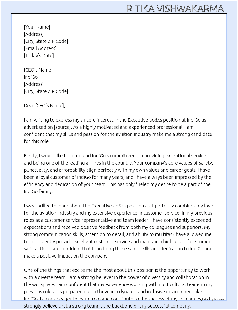 IndiGo  At Executive- ao&cs  Cover Letter