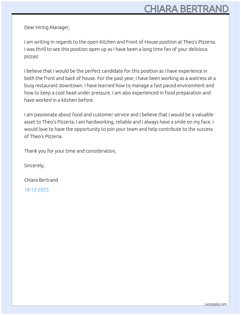 Kitchen and Front of House At Theo's Pizzeria Cover Letter