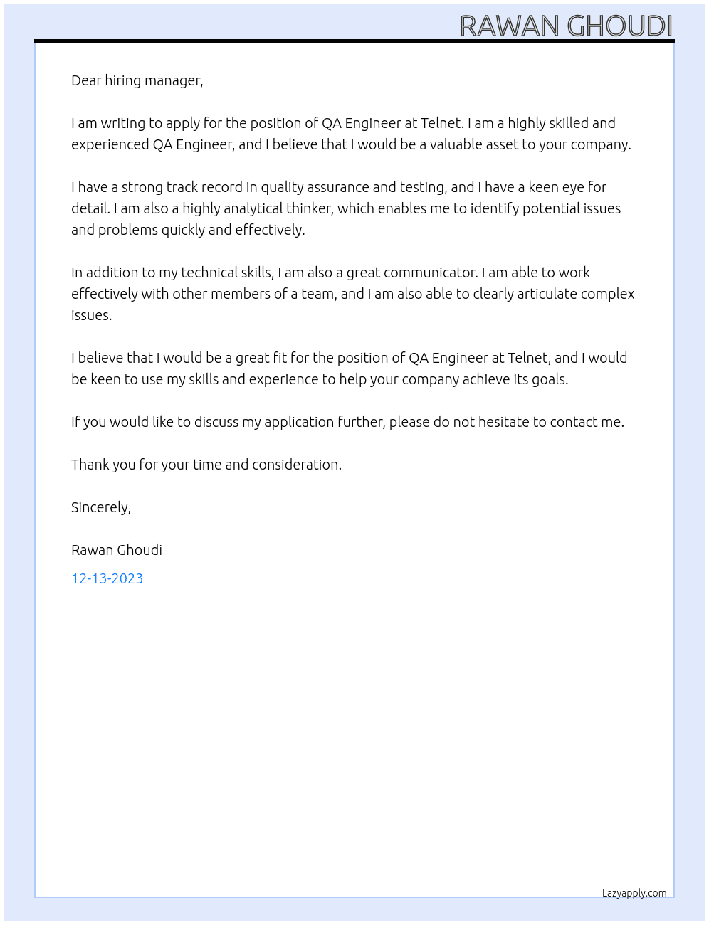 QA ENgineer At telnet Cover Letter